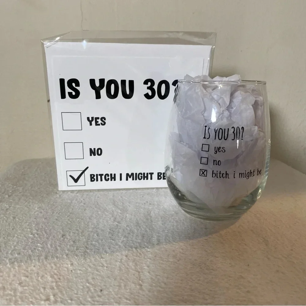 30th Birthday Is You Thirty Bday Gift Set of Two Items Wine Glass Greeting Card